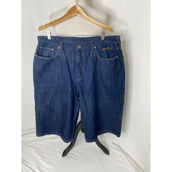 Vintage Don Men’s Shorts Blue Denim and Yellow Embroidered 5 Pocket Size 40 - Picture 2 of 7